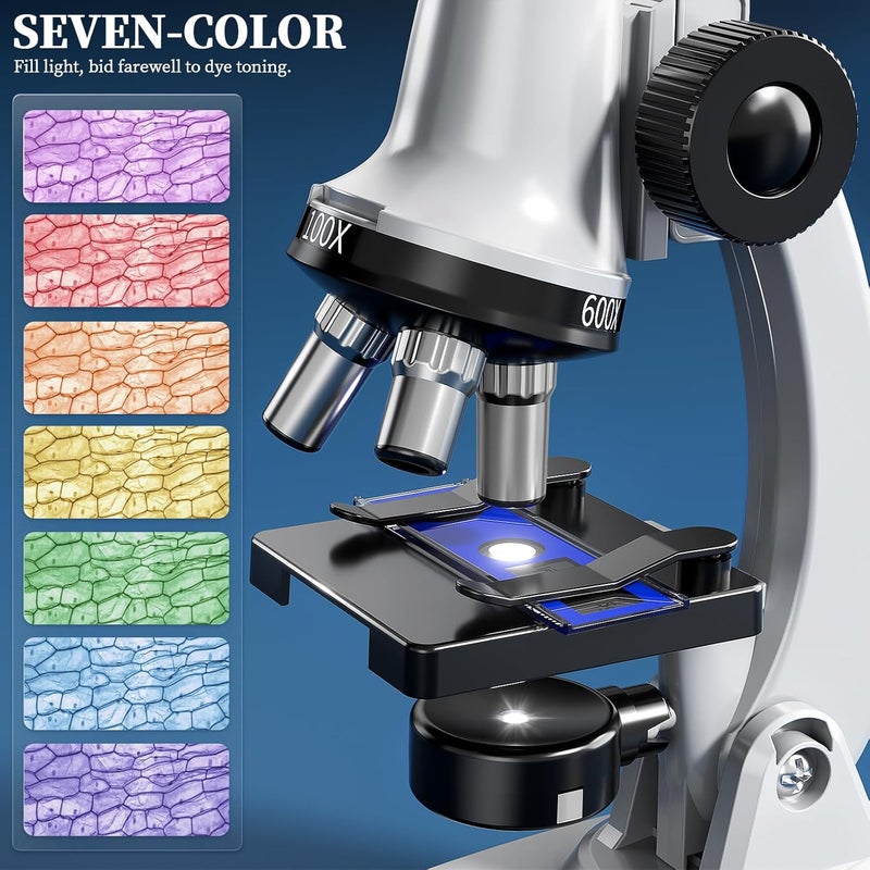 Novaluki 65 Pieces Microscope Kit for Kids Ages 5-7 8-13, 100X-1200X Magnification with 7 Colors of LED Lights and 12 Prepared Slides, Science Experiment STEM Kits for Boys and Girls Age 8-12 Years - Image 4